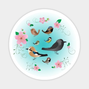 A collection of cute birds in a floral wreath Magnet